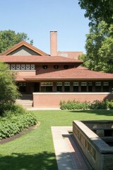 Historic Prairie Style architecture in a lush garden setting showcases unique design elements and harmonious integration with nature during a clear sunny day