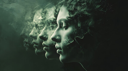 A surreal dreamscape where a person meets multiple versions of themselves each with a slightly different expression.