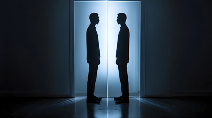 Fototapeta premium A surreal image of a man standing face to face with his identical clone in a dimly lit room.