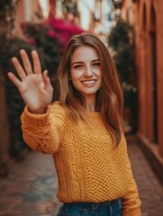 Happy young woman in a yellow sweater waving and smiling on a picturesque cobblestone street with warm, colorful surroundings