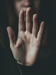 Close-up of an open hand in a gesture of stop or protection