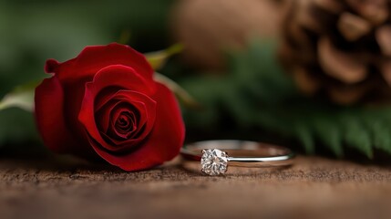 This stunning image showcases a captivating red rose paired with an exquisite engagement ring, symbolizing love, commitment, and beauty in a picturesque setting.