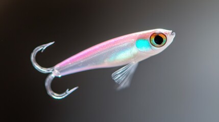 Pink fishing lure, sharp hooks, studio shot, blurred background, angling