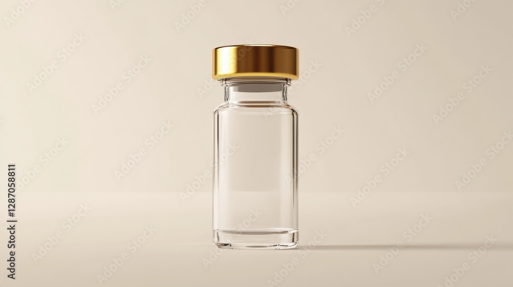 Aufkleber clear glass vial with gold cap showcased on a neutral background in a minimalist setting. generative
