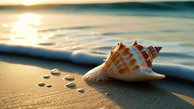 Close-up of a beach shell, embraced by gentle waves, a timeless coastal treasure, Ai Generated