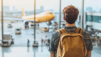 A traveler with a backpack waiting at an airport terminal, gazing out the window as a plane takes off, symbolizing adventure, journey, and the excitement of travel.