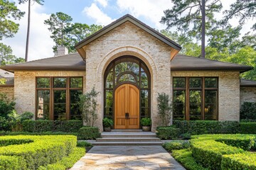 Fototapeta premium Stunning brick home with large windows surrounded by lush greenery in a serene residential neighborhood, capturing the essence of modern architecture and natural beauty