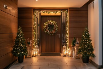 The entrance of a contemporary home is beautifully adorned with a vibrant, festive wreath and sparkling illuminated plants, creating a warm and inviting atmosphere during the chilly winter nights