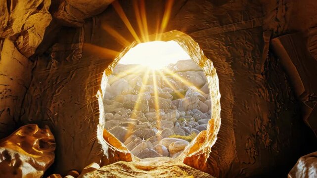 Stone rocky cave holds empty tomb with radiant light rays, Ai Generated