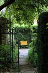 Tranquil garden pathway leads to a cozy yellow chair surrounded by lush greenery and towering hedges in a serene outdoor retreat