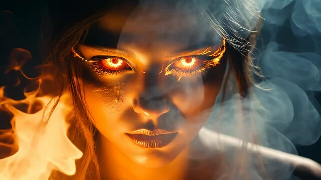 Ethereal Beauty, Woman with Fiery Eyes Amidst Smoke and Flames Fantasy