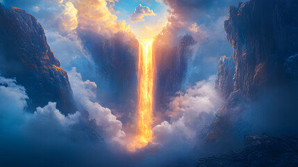 A surreal painting of a waterfall that flows upward into the sky forming a glowing portal to another world.