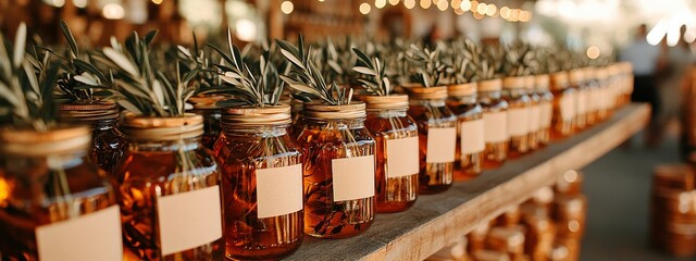 Obraz premium Jars of honey with blank labels and olive branches tied around them, elegantly arranged on a wooden table for a wedding party, symbolizing sweetness and nature in a rustic wedding setting.