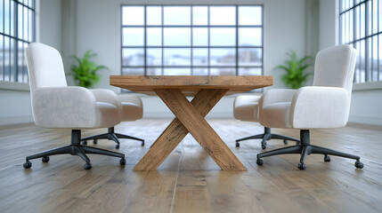 Modern office meeting; wooden table, chairs, plants