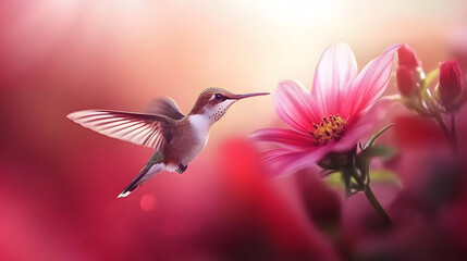 Naklejka premium A tiny hummingbird hovering near a vibrant red flower wings blurred from rapid motion.