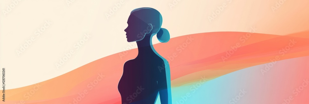 Poster minimalist illustration showcasing a slim female silhouette emphasizing a highlighted waistline agai