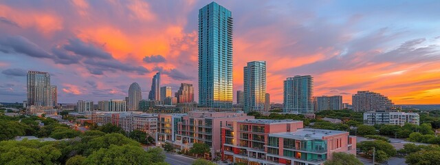Fototapeta premium The setting sun casts a warm glow over the city skyline, with tall skyscrapers standing against an orange sky, while pink clouds gently fill the upper half of the sky, creating a stunning urban sunset