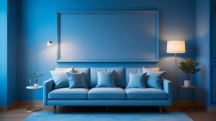Tranquil Blue Living Room: Stylish Sofa and Modern Lighting
