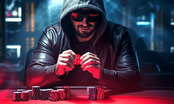 A mysterious man in a black hoodie playing with a poker card in a dark setting. Concept of secrecy and high-stakes game