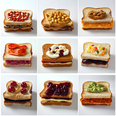A PB&J sandwich design competition where participants create unique sandwiches using different types of bread, peanut butter, jelly, and creative toppings, making each one visually appealing and delic