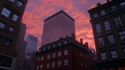 The setting sun casts a warm glow over the city skyline, with tall skyscrapers standing against an orange sky, while pink clouds gently fill the upper half of the sky, creating a stunning urban sunset