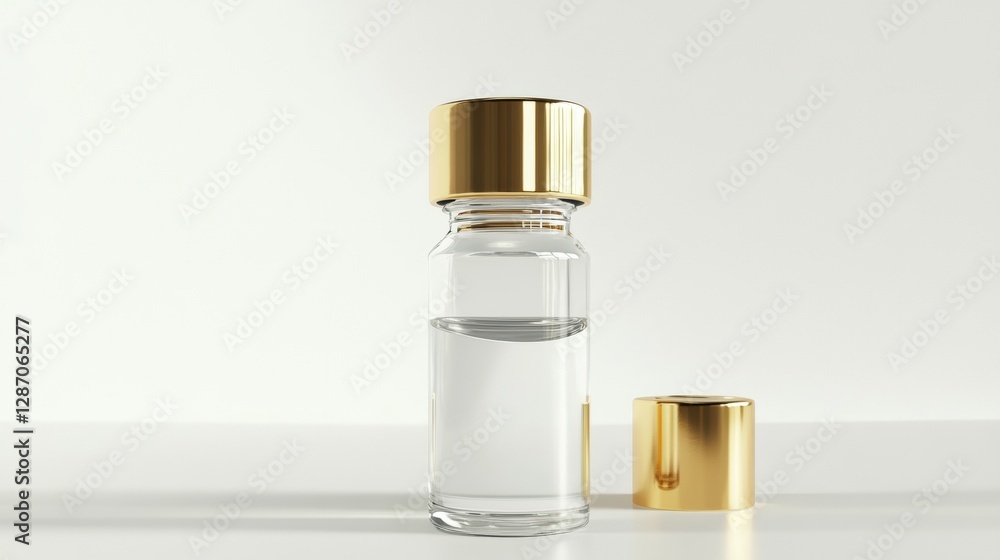 Poster elegant glass container with gold lid and clear liquid placed on white background. generative ai