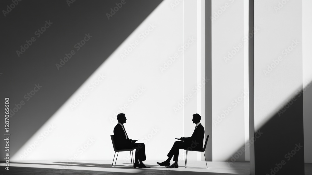 Poster Two individuals engage in a serious discussion in a minimalistic space with strong contrasting shadows. Generative AI