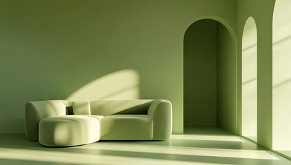 Modern, sage green living room with sectional sofa, archways, and sunlit windows