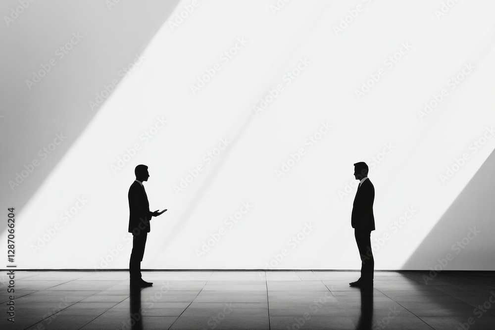 Aufkleber two professionals engaged in discussion under dramatic lighting in a modern setting during daytime. 