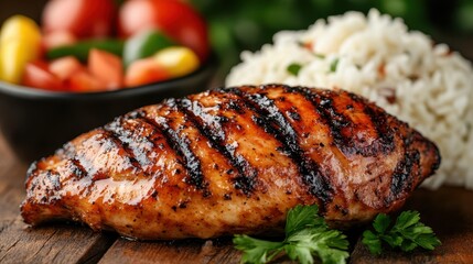 A beautifully grilled chicken breast served with fluffy white rice and a side of vibrant fresh vegetables, perfect for a healthy, delicious meal.