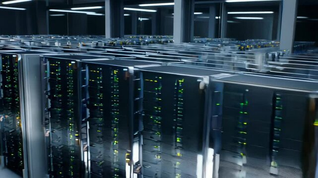 Footage showcases large server farm densely packed with rows of advanced servers and networking equipment operating in a high-tech atmosphere. Bright lights illuminate the space
