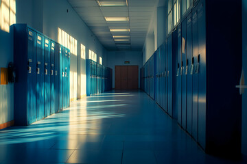 Row of blue lockers in a brightly lit school corridor