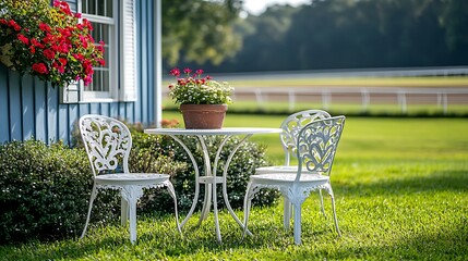 A white metal table and chairs sit on the green grass in front a blue house with a white fence. Flower pots on the roof add a touch color. In the blurred background, a horse racetrack can be seen. 