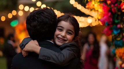 Happy young girl hugs man embracing warmly at night outdoor with blurred bokeh lights