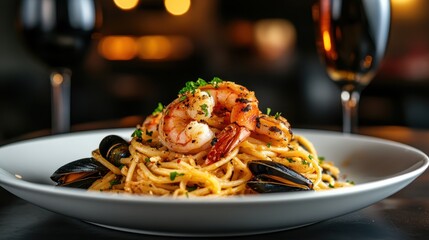 Experience the allure of a sumptuous seafood pasta dish elegantly plated, surrounded by fine wine, creating a perfect dining experience for seafood lovers.