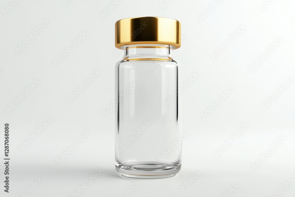 Fototapete Elegant glass bottle with a gold cap standing on a plain background under soft lighting displaying its clear design. Generative AI