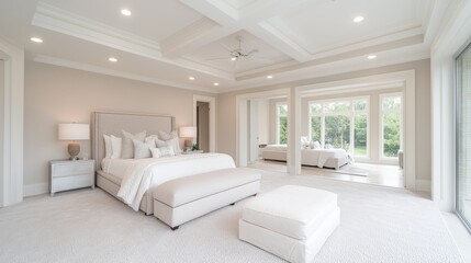 Luxurious master bedroom suite with lake view, natural light, and high ceilings