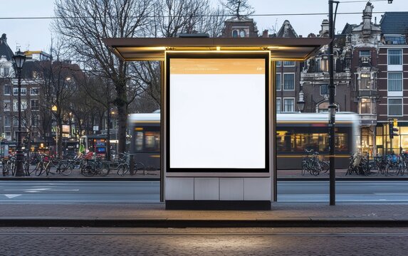 White digital billboard at tram stop; vertical 6-sheet advertising display