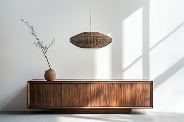 Modern wooden sideboard, hanging lamp, minimalist interior