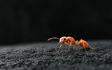 Fototapeta premium Ant on a charcoal black 3D background minimalistic mockup with space for text