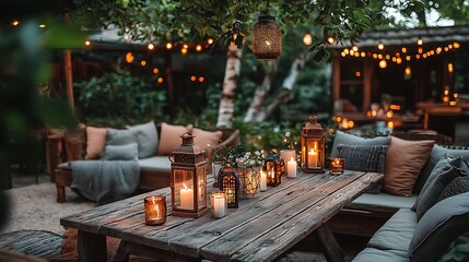 A wooden garden table with lanterns and candles on it, surrounded by comfortable outdoor sofas. The photo was taken outdoors in the evening. It is a beautiful summer night scene. 