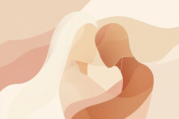 Minimalist illustration of two individuals sharing a warm embrace in a serene environment during a peaceful moment. Generative AI