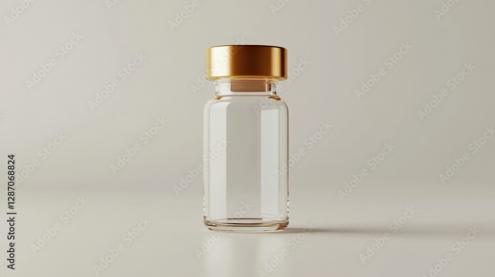 Poster clear glass bottle with gold cap on a minimalist background in a well lit setting. generative ai