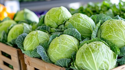 Fresh cabbages in wooden crates at farmers market