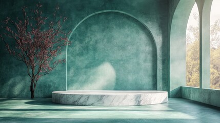 Serene Teal Room with Marble Podium and Blossoming Tree