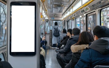 Blank white billboard in public transit; vertical digital ad screen mockup; OOH advertising concept