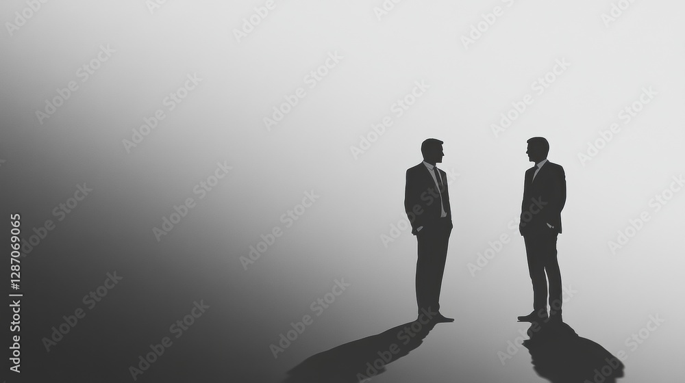 Poster two business professionals standing in conversation on a minimalist background during an early morni