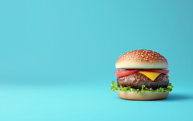 Burger on an electric blue 3D background minimalistic mockup with space for text