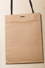 Recyclable craft paper shopping bag on a birch wood panel background with a black fabric braided handle. can be used for a mockup for design