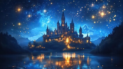 Obraz premium Fairy kingdom with luminous castle and enchanted stars in the night
